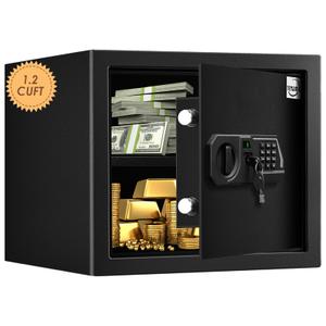 Tenamic Fireproof Safe Box 1.2 Cuft Electronic Digital Security Box, Keypad Small Lock Box Cabinet Safes with Internal Light, Solid Alloy Steel Office Hotel Home Safe with 2 Passwords, Black