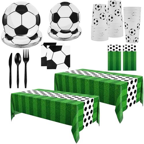 Oudain 162 Pcs Soccer Party Supplies Tableware Set Include Plates, Cups, Napkins, Tablecloth, Forks, Spoons, Knives Disposable Dinnerware Decorations for Soccer Theme Birthday Dinner Home Party