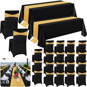 44 Pcs Tablecloth Chair Covers Chair Sashes Set, Spandex Chair Covers Sequin Chair Sashes Satin Table Runner for Wedding Hotel Banquet Party (Black and Gold)