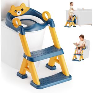 Potty Training Seat, Toddler Toilet Seat With Steps, 2 In 1 Toddler Potty Training Toilet With Splash Guard, Anti-Slip Step Stool Soft Mat, Adjust High Potty Seats For Toddlers Kids Boys Girls (Blue)