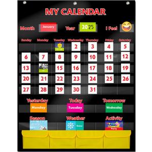 Black Calendar and Weather Pocket Chart with 148 Cards,(108 Illustrated Activity Cards, 40 Dry Erasable Flash Cards and 3 Hooks 28"x35.5")