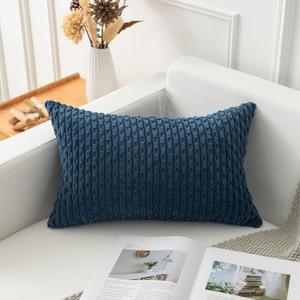 Kevin Textile 14x24 Inch Pillow Cover 1 Pack Boho Decorative Soft Striped Corduroy Lumbar Farmhouse Solid Color Accent Rectangle Cushion Case for Living Room Couch Sofa Bed, Blue