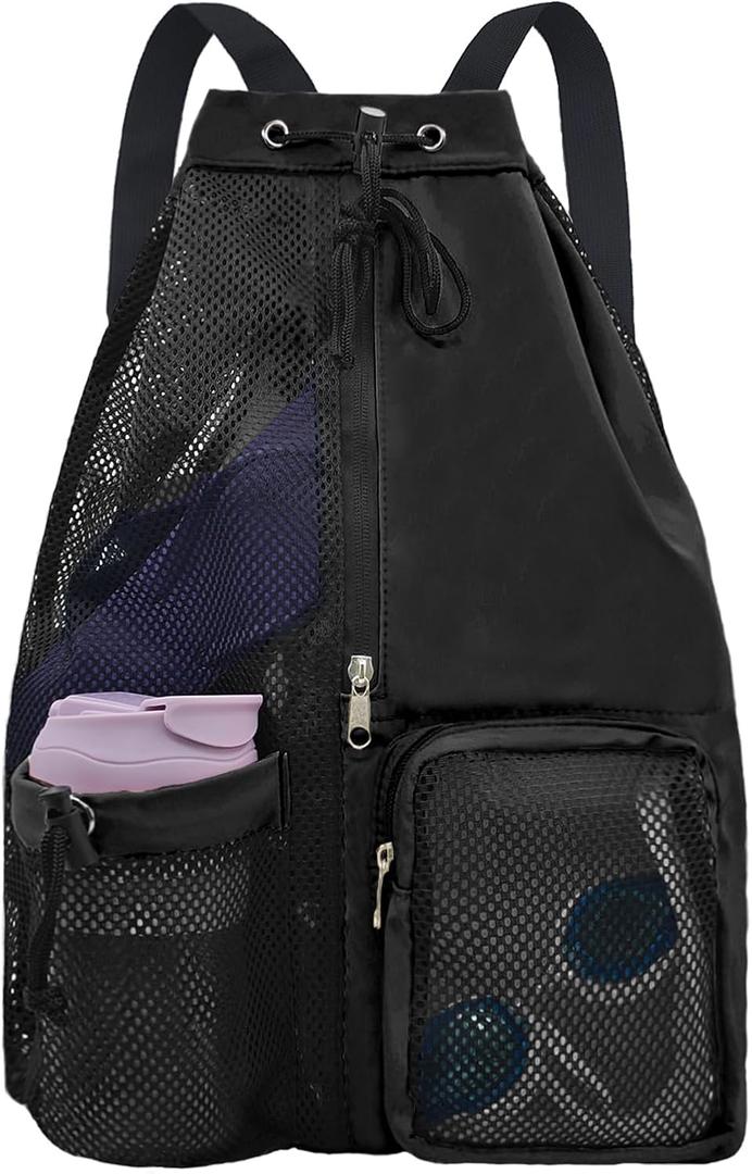 Mesh Beach Backpack with Wet Pocket Drawstring Pool Bag Waterproof Swimming Bag Gym Backpack for Men & Women (Black)