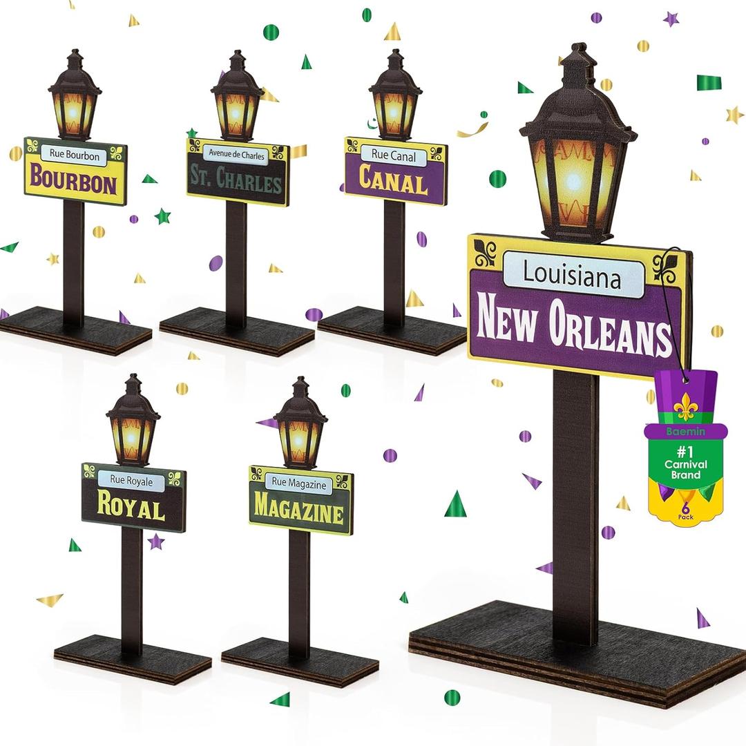 6 Pcs Mardi Gras Decorations, New Orleans Street Signs, Sturdy & Stable Table Centerpieces, Wooden Table Signs, Mardi Gras Party Supplies