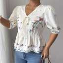 SOLY HUX Women's Floral Print Tie Front V Neck Summer Peplum Blouse Half Sleeve Boho Babydoll Shirt Tops (Large)