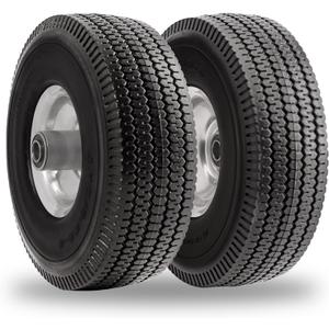 RRQ 10 Inch Solid Polyurethane Tire 4.10/3.50-4 Tire, 10" Flat Free Wheels with 5/8" Bearings, 2.2" Offset Hub for Garden Cart, Hand Truck, Lawn Cart, Mower (2 Pack)