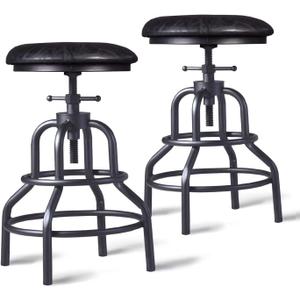 Diwhy Industrial Vintage Counter Stool, Kitchen Counter Height Adjustable Swivel Chair, Metal Frame Stool, 20.47-26.77 Inch, Fully Welded Base, Black PU Upholstered, Set of 2