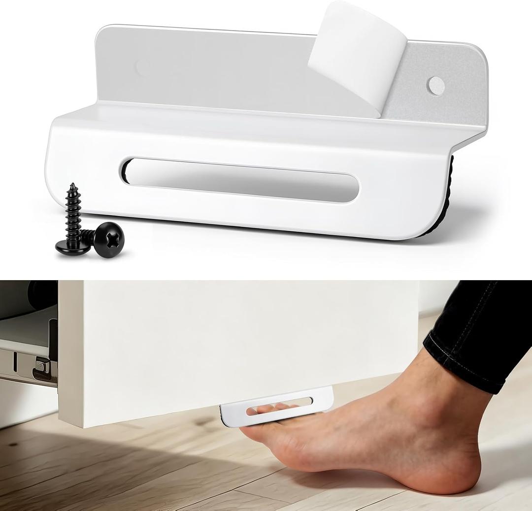1-Pack Under Cabinet Foot Pull with Adhesive and Screws,Hands Free Toe Kick Opener for Trash Cabinet Door, Comfortable EVA Pad,Touchless Cabinet Opener（White）