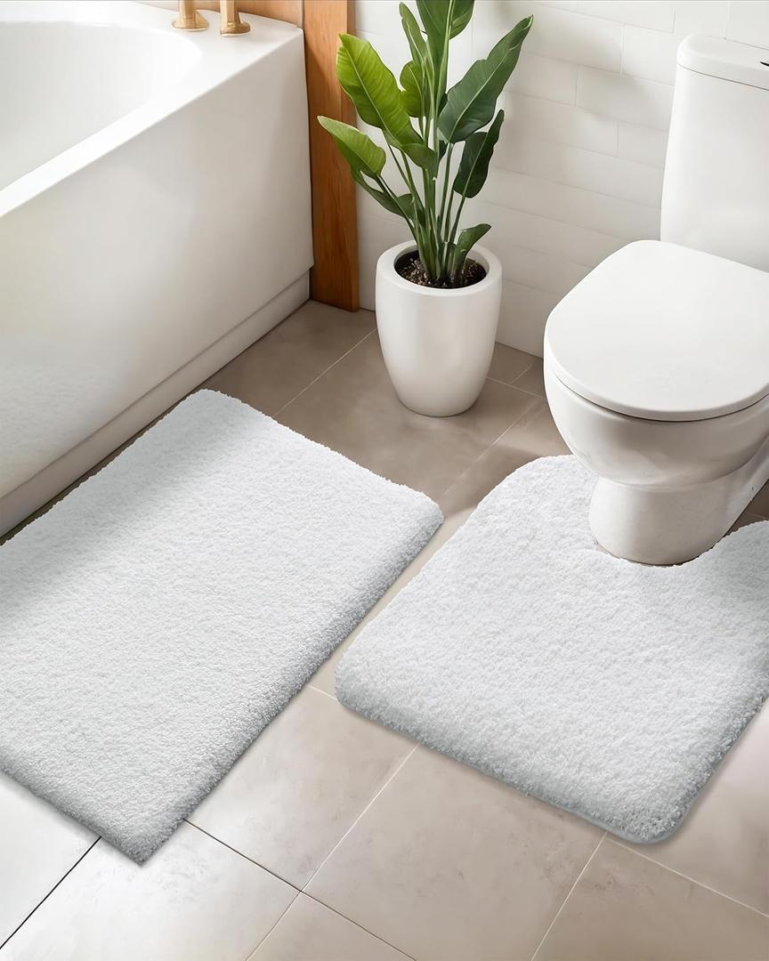 ILANGO 2 Piece Bathroom Rugs Bath Mat Set, Dries Quickly,Non Slip Fluffy Shaggy Bath Washable Mats with U-Shaped Toilet Rug Set for Bathroom,Tub,Toilet (White,17" x 24" + 22" x 24")