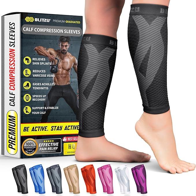 BLITZU Calf Compression Sleeve for Men & Women Footless Compression Socks Support Runners Leg Sleeve Shin Splints Pain Relief, Size L-XL