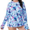 Halcurt Women's Plus Size Long Sleeve Rash Guard Swim Shirt with Thumb Holes UPF50+ Sun Protection Swimsuit Top (Blue, XXXL)