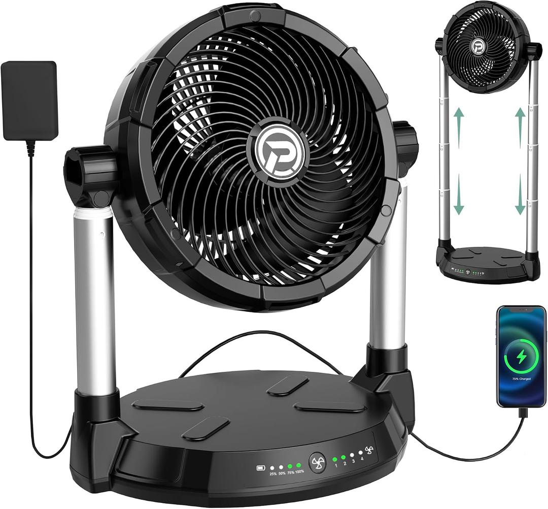 40000mAh Battery Fan with 65H Runtime, 12" High-Velocity 4-Speed Floor Fan, 18-34.6" Dual Stand Height Adjustable & 180Tilt, Dual Outputs, Cordless for Indoor, Outdoor Camping, Travel, Power Outage