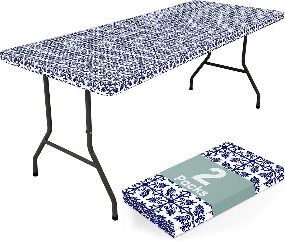 misaya 2 Pack 6 Foot Rectangle Picnic Tablecloth, Elastic Fitted Waterproof Table Cover, Windproof Washable Polyester Table Cloth for Camping, Indoor and Outdoor (Navy, 30" x 72")