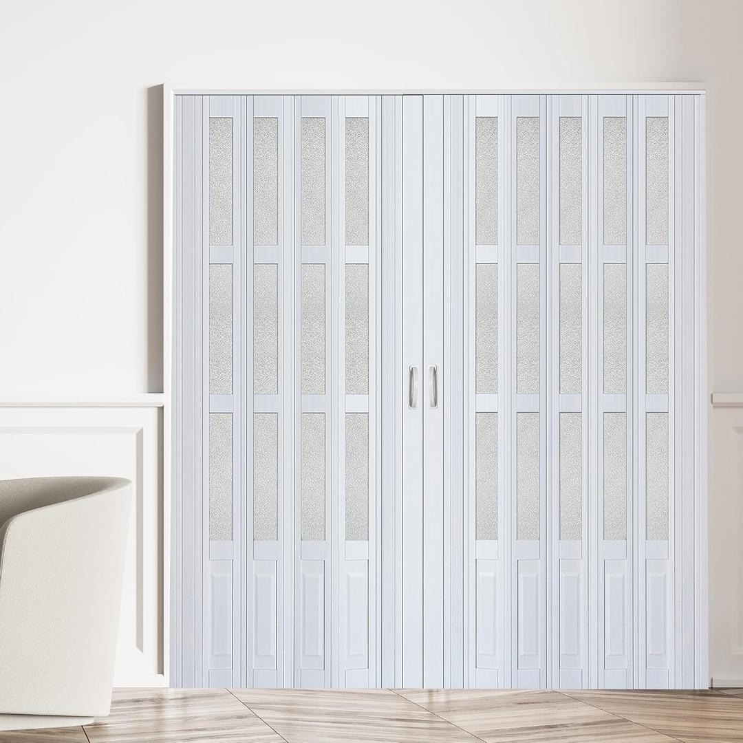 CCBOYSHARDWARE 72x80in Double Accordion Door with Frosted Acrylic Panels, PVC Folding Door with Lock & Handle, Space-Saving Bifold Door with Double Magnetic Closure for Closet & Pantry,Easy to Install
