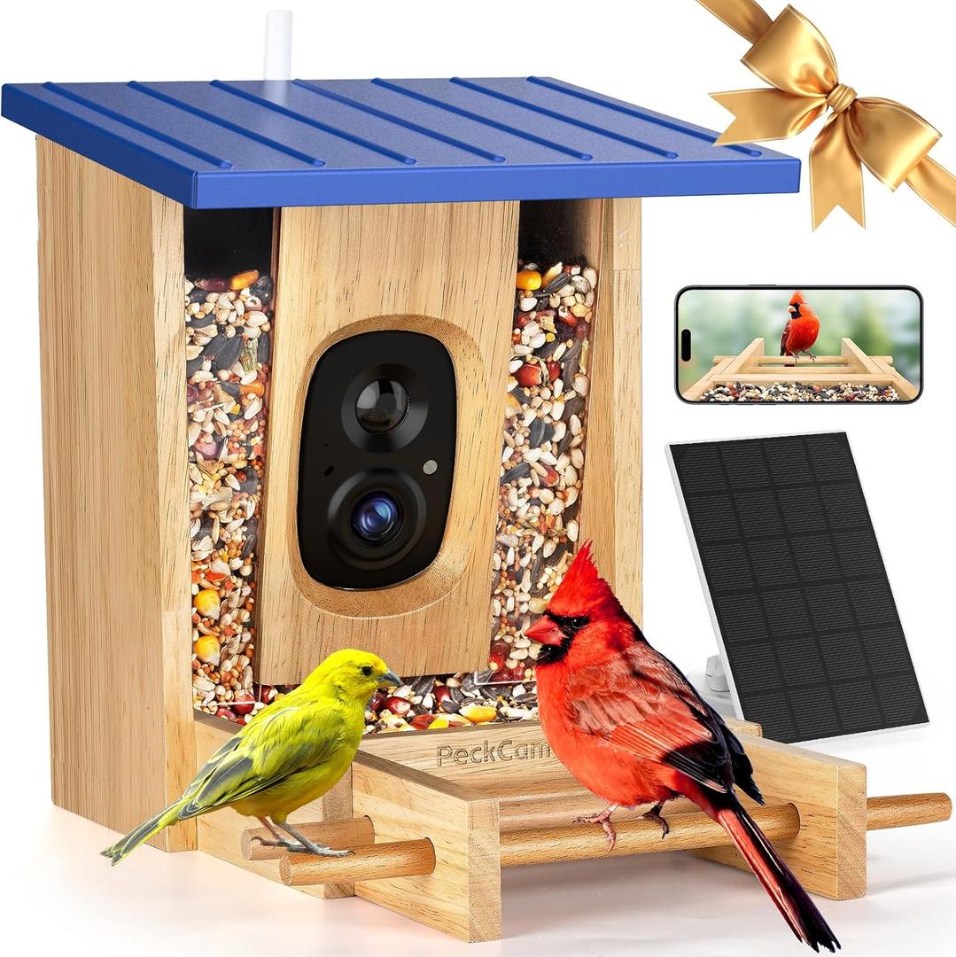 PeckCam Bird Feeder with Camera - 4MP 2K Clarity Instant Arrival Alerts AI Identify Species - Metal Roof Smart Cameras Birds Feeders Solar Powered Gift for Birdlover Mom Dad, 2.4GHz WiFi (Blue)