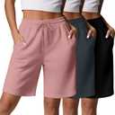 3 Pcs Women Quick Dry Shorts High Waisted Bermuda Shorts for Yoga Athletic Drawstring with Pocket (Small, Black, Dark Gray, Pink)