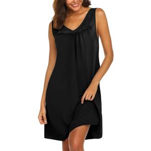 Ekouaer Cotton Nightgowns for Women Sleeveless Night Gown Tank Sleepshirt Wide Strap V Neck Nightshirt Black S