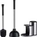 HAMITOR Toilet Plunger and Bowl Brush Set: 2 in 1 Stainless Steel Heavy Duty Toilet Cleaner Plunger with Holder Combo for Bathroom Cleaning - Modern Hideaway Bathroom Accessories with Caddy Stand