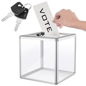 Lineshading Acrylic Donation Box Reinforcement Large Ballot Container with Slot Raffle Suggestion box with Lock Cash Storage Container for Fundraising Voting Charity Contest Tip(6 x 6 x 6 In, Clear)