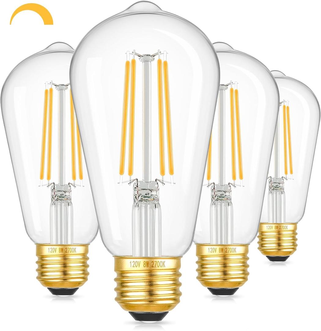Dimmable Vintage Edison LED Bulbs, 1250Lumens High Brightness Light Bulbs, 8W 100W Incandescent Equivalent Bulbs, ST58 LED Filament Bulbs, E26 Gold Base, CRI90+ 2700K Soft White Edison Bulbs, 4-Pack