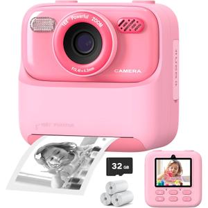 Upgrade Kids Camera Instant Print for Boys and Girls, 1080P HD Dual-Lens Selfie Digital Camera with Print Paper & 32G Card, Christmas Birthday Gifts Toys for Toddler and Teenagers Age 3-16 Years Old (Pink)