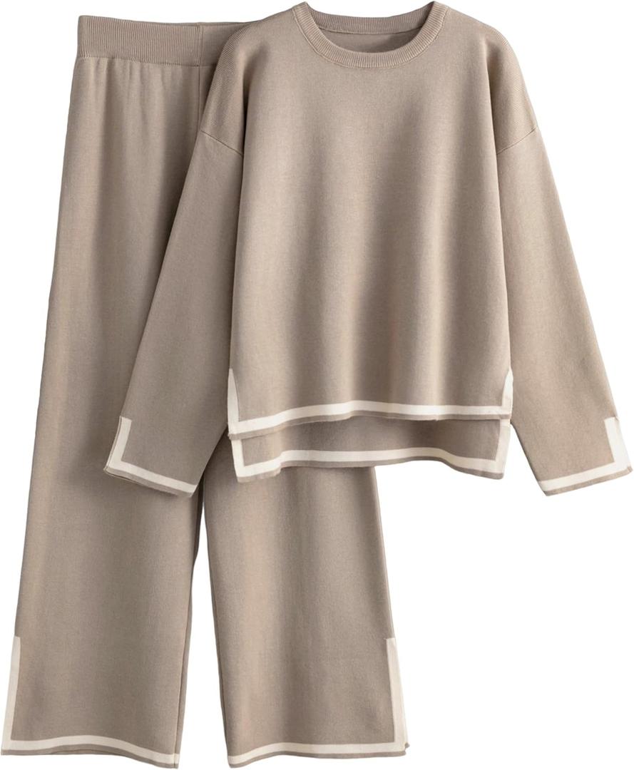 Tanming Women's 2 Piece Outfits Long Sleeve Knit Sweater Top Wide Leg Pants Lounge Sets Tracksuits (Medium, Khaki)
