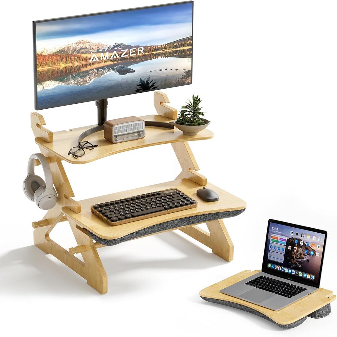 Amazer Standing Desk Converter, 22 inch Bamboo Small Sit Stand Up Desk Riser with Lap Desk Computer Desktop Desk Converter for Monitor and Laptop with Keyboard Tray