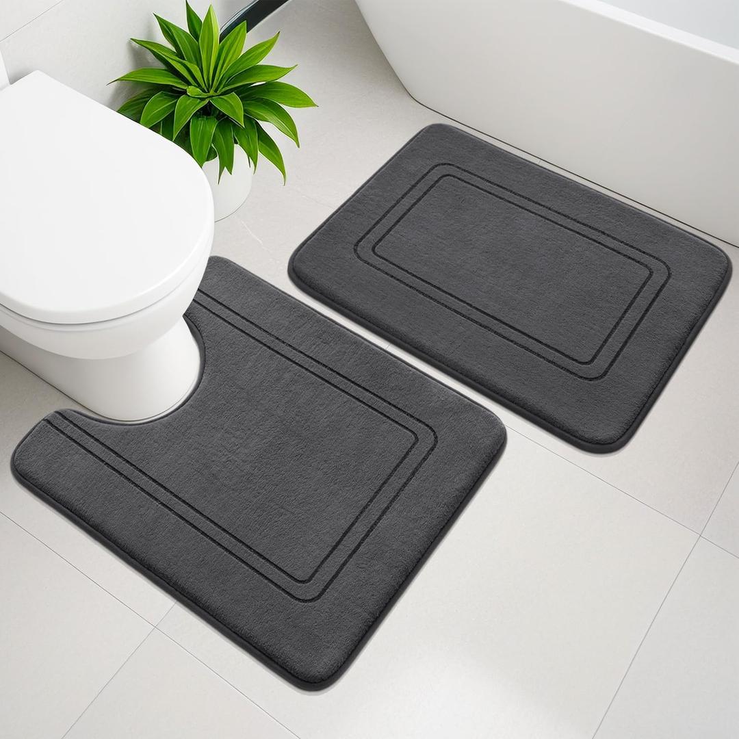 YIHOUSE Memory Foam Bath Mat Set, Bathroom Rugs Sets 2 Pieces, Non Slip Bath Mats for Bathroom, Super Soft and Water Absorbent Bath Rug Set, Machine Washable U Shape Toilet Rug,Dark Grey