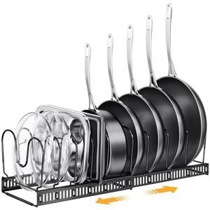 PanPanPal Expandable Pans and Pots Lid Organizer Rack for Cabinet - Rubber-dipped Pan Organizer Rack for Kitchen Cabinet Organizers and Storage with 10 Adjustable Dividers and Anti-scratch Strip