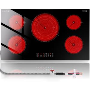 VIKIO HOME 36" Electric Cooktop 5 Burner 9000W, Built-in 220-240V Hardwired | Triple-Ring Center Burner, 9 Heat Levels, All-Metal Frame, 99-Min Timer, Child Lock, High-Temperature Alert, No Plug