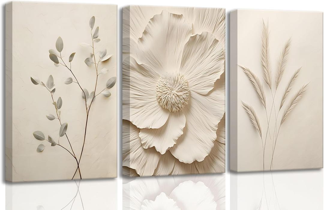 3Pcs Neutral Beige Floral Plant Canvas Wall art Textured Flower Botanical Painting Picture Wall Decor Vintage Blossom Poster Prints for Living Room Bedroom Bathroom Decoration, 16x24in-canvas