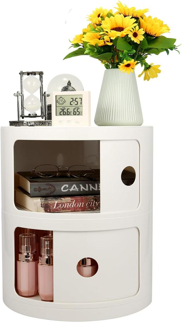 2-Tier Round Bedside Table, Narrow Storage Cabinet, Small Stylish Storage Cabinet, no Installation Required, Suitable for Living Room and Bedroom, Small Space