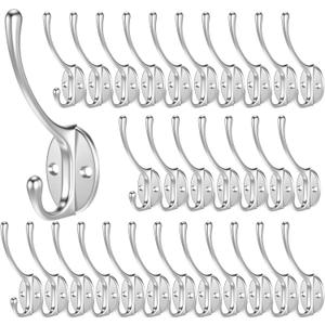 30 Pack Heavy Duty Dual Coat Hooks Wall Mounted with 60 Screws Retro Double Hooks Utility Silvery Hooks for Coat, Scarf, Bag, Towel, Key, Cap, Cup, Hat