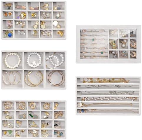 ProCase Jewelry Organizer Tray Jewelry Storage Box, Stackable Velvet Jewelry Drawer Organizer Inserts Earring Holder for Stud Earring Necklace Rings Bracelet -Grey, 5 Layers, Large