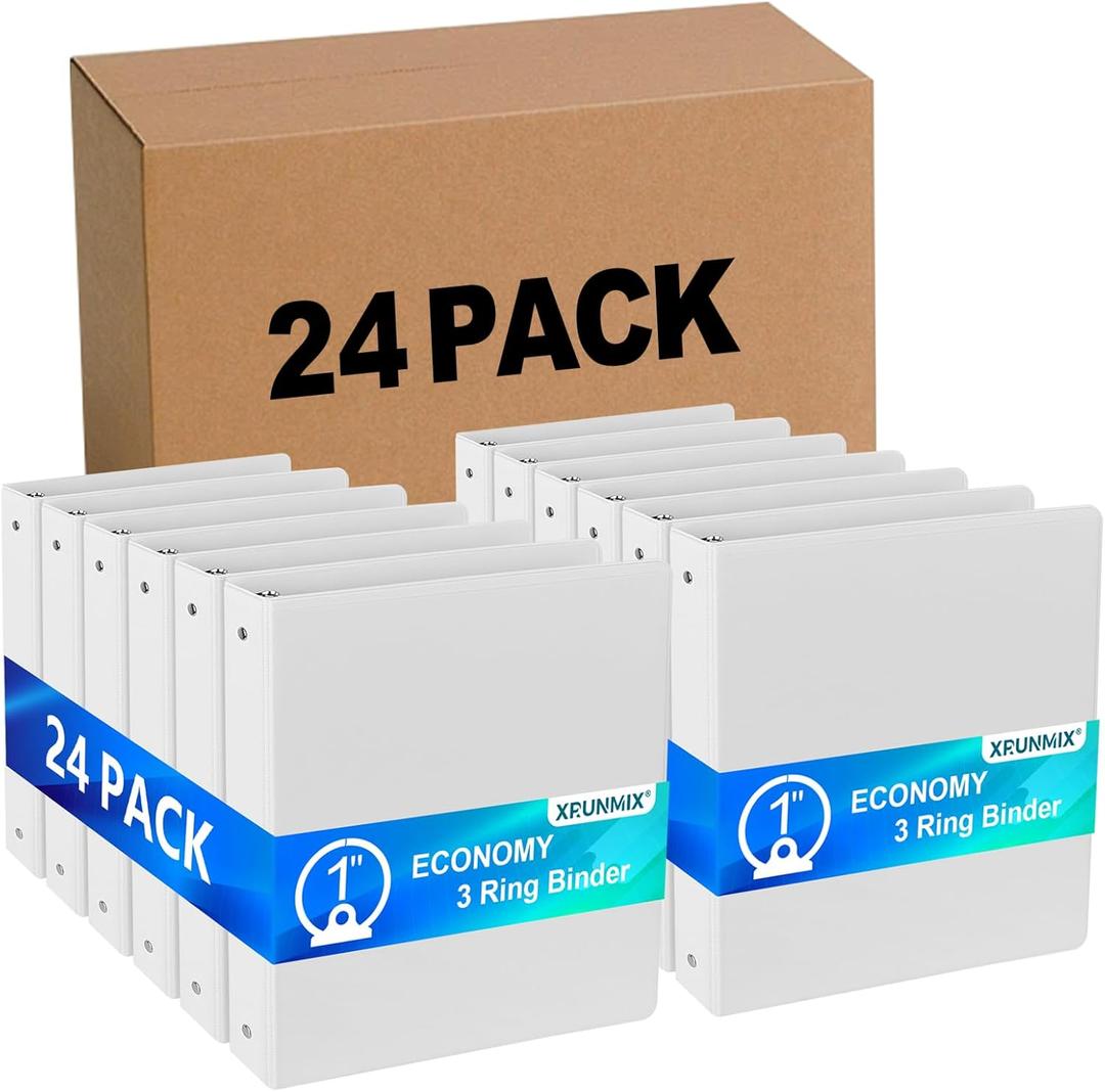 Bulk 24 Pack Economy 3-Ring Binders, 1 Inch, Round Rings, 200 Sheet Capacity, ClearVue Presentation View, Non-Stick, White (24)
