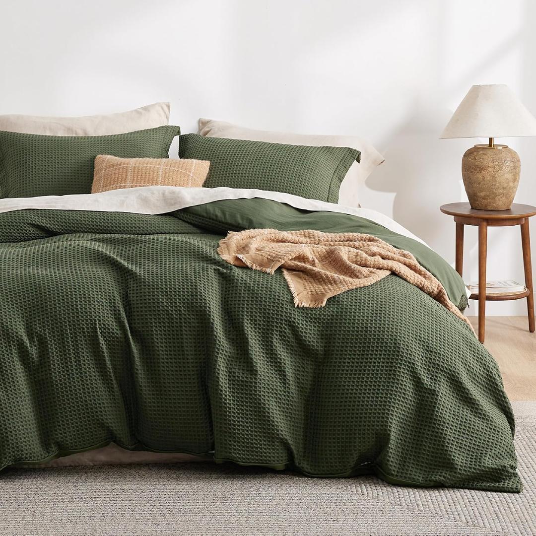 Bedsure Luxury Waffle Duvet Cover Queen Size - Textured Duvet Cover Set, Soft, Breathable Bedding Set (90"x90") with 2 Pillow Shams for All Season, Olive Green, Comforter Not Included