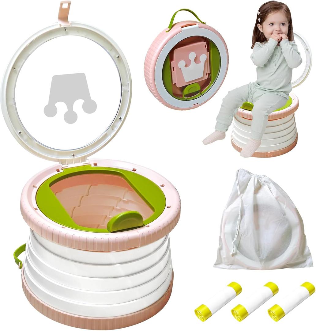 Portable Potty Chair for Toddlers with Splash-Proof Design, Foldable Travel Potty with Bag & 30 Refills - Kids Toilet for Car, Camping, Indoor - Easy Clean Baby Potty Training Seat (White-Pink)