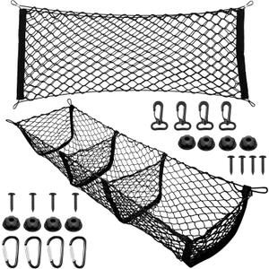 Tallew 2 Pcs Car Rear Cargo Net, Adjustable Elastic Mesh Cargo Net, 3 Pocket Heavy Duty Trunk Bed Storage Organizer, Universal for Car SUV Vehicle Pickup Truck with Accessories(43.3 x 15.7 Inches)