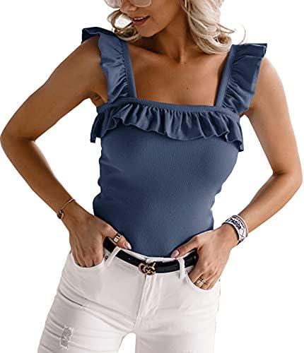 Womens Cute Sleeveless Tank Tops Ruffle Strap Square Neck Blouse Solid Color Knitted Camisole, (Small)