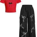 RoseSeek Girl's 2 Piece Summer Outfits Short Sleeve Ruched Basic Tess and Camo Cargo Pants Sets Trendy 11Y