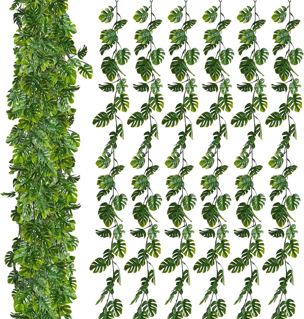 Zeyune 12 Pcs Artificial Monstera Leaf Vines 5.9 ft Fake Hanging Plant Ivy Tropical Palm Leaves Greenery Garland Monstera Faux Vine for Wedding Party Outdoor Decor Garden Porch Jungle Hawaiian Beach