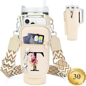 LOKASS Personalized for Stanley Cup Accessories 30oz, Initial Stanley Cup Holder with Strap, Cup Carrier Bag Water Bottle Holder with Phone Pocket Gifts for Women, Girls, Mom Travel, Walking,Work