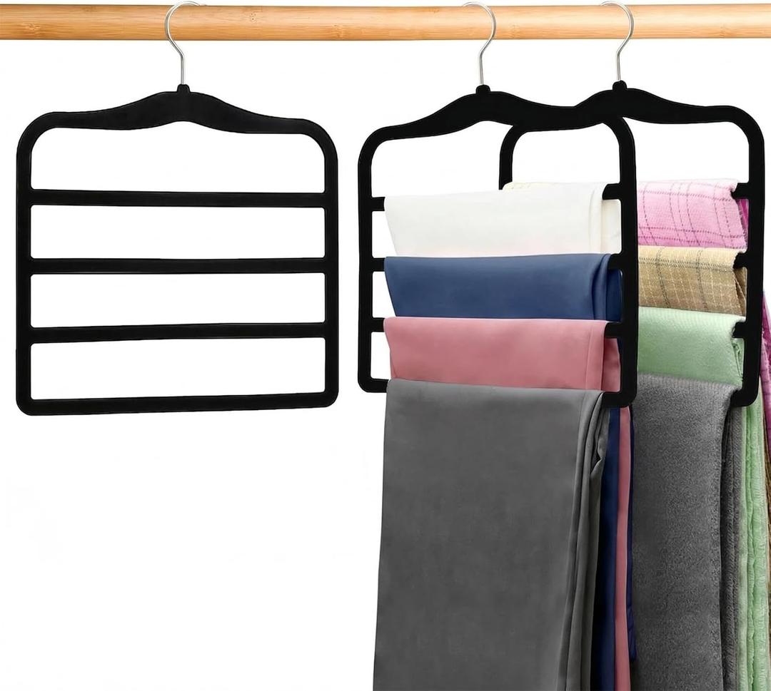 2-Pack Velvet Pants Hangers - Space Saving Multi-Layer Non-Slip Closet Organizers for Jeans, Trousers & Scarves - Ideal Dorm Room Storage Solution for Small Spaces (Large, Pure Black)