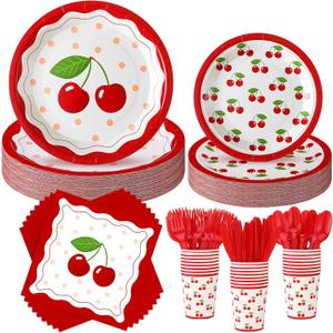 Zhehao 168 Pcs Cherry Birthday Decorations Tableware Fruit Cherry Theme Baby Shower Tableware Set for 24 Guests Paper Plates and Napkins Cup Knife Fork and Spoon