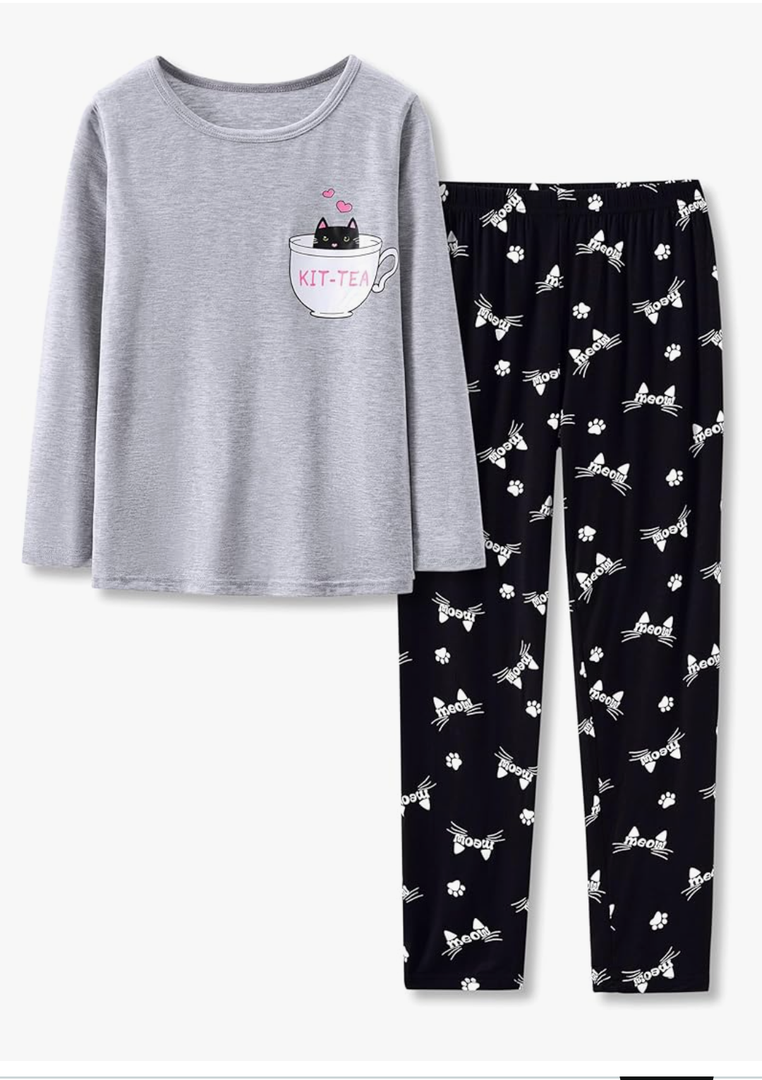 Tebbis Cute Cat Pajamas for Girls Modal Fiber Long Sleeve & Pants Pj Set Tween Size 6-18