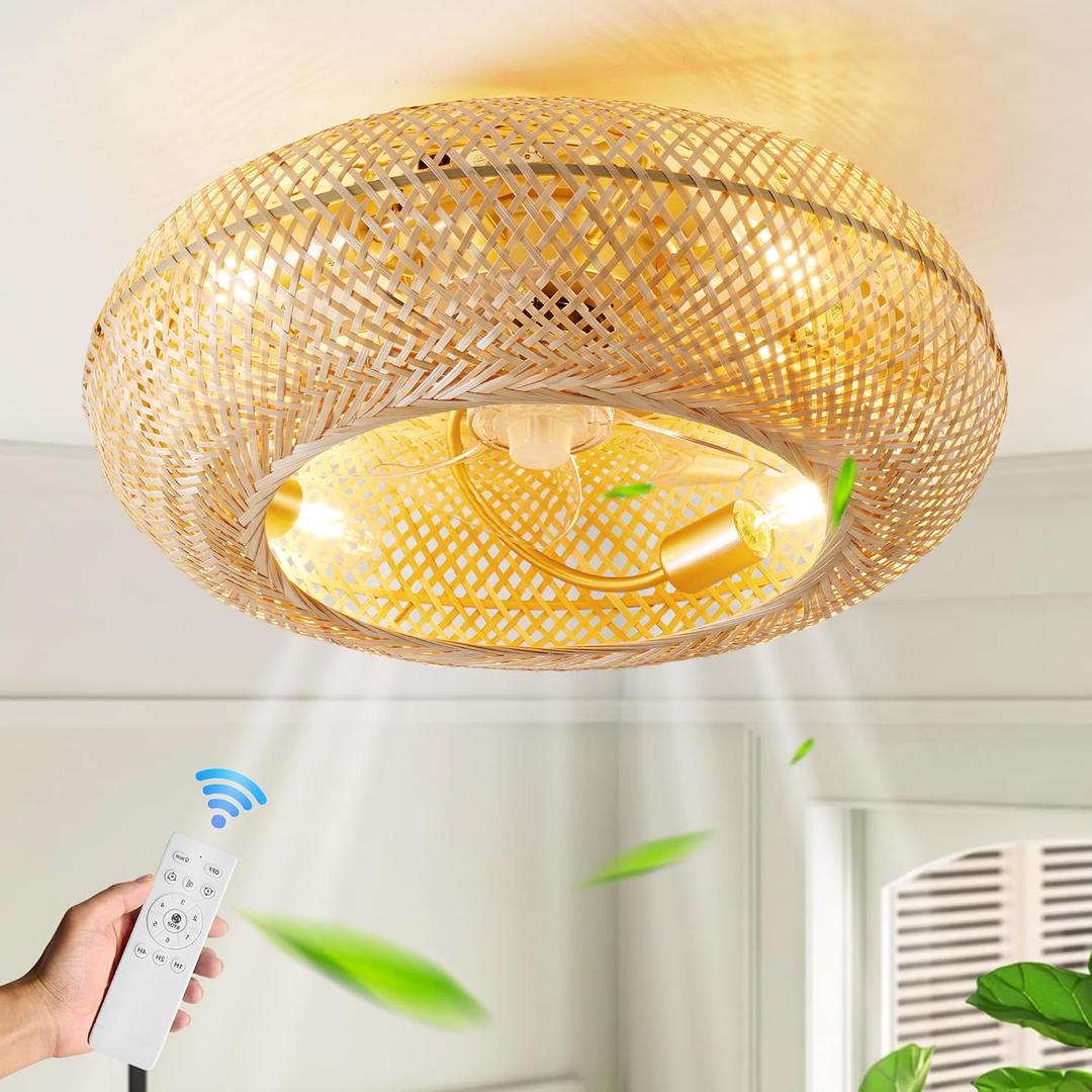 ainqiant 20" Boho Ceiling Fans with Lights,Rattan Caged Flush Mount Ceiling Fan with Light, Enclosed Timing 6 Speeds Reversible for Living Room Bedroom Dining Room