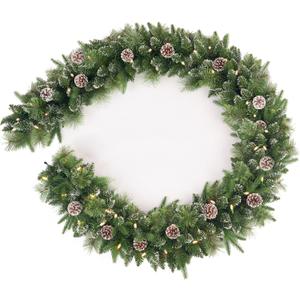 9Ft Pre-Lit Christmas Garland, Plug in, Green, 50 White Lights, Fireplace Stairs Mantle Door Indoor Outdoor, Decorated Pine Cone and Snow Style