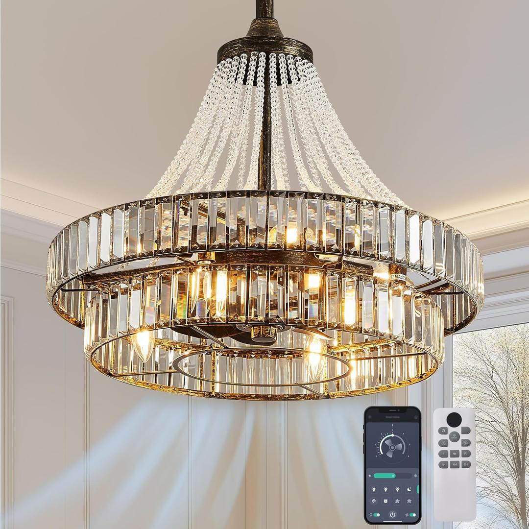 24" Modern Crystal Caged Fandelier, Smart Chandelier Fan with Remote and APP Control, Double Layer Ceiling Fan with Light for Dining Living Room Bedroom, Italian Design-Black Gold