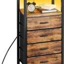 Kitstorack Night Stand with Charger Station and LED Light Rustic Brown Nightstand with Drawers Bedside Table Tall Nightstand 4 Fabric Drawers