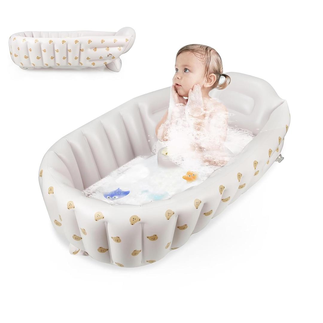 PandaEar Inflatable Baby Bathtub with Integrated Built-in Air Pump - No External Pump Needed, Non-Slip Portable Toddler Bath Tub, Travel-Friendly Foldable Infant Tub for Newborns to 24 MonthsBears